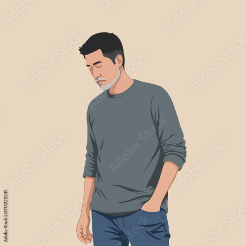 Modern Flat Style Portrait Illustration of a Pensive Man with Gray Hair