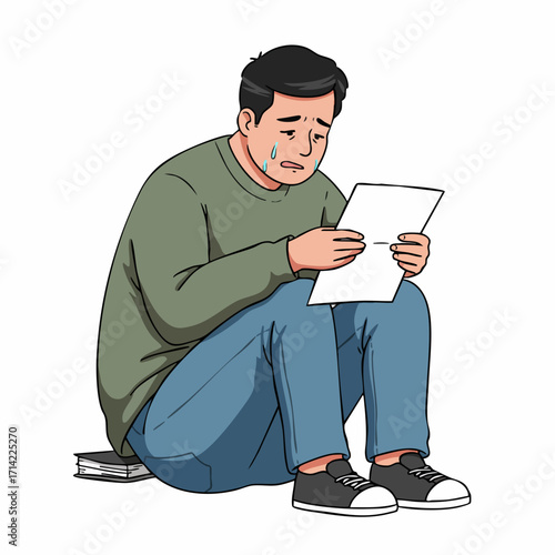 Cartoon Style Depressed Man Reading Document Sitting Down Character Illustration