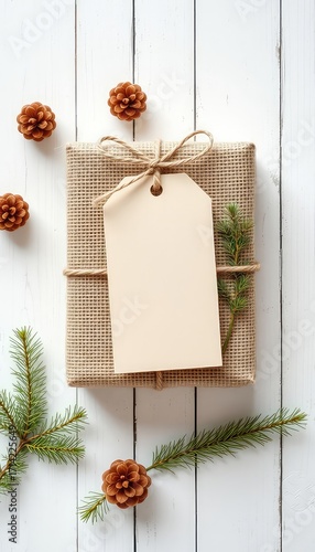 Rustic Wrapped Present with Blank Tag on Distressed White Wood Surface Surrounded by Small Pinecones and Evergreen Sprigs