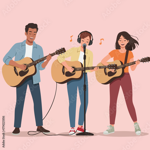 Colorful Cartoon Guitarists Trio Playing Acoustic Guitars Music Illustration