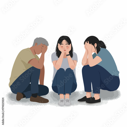 Flat Illustration Sad Family Sitting Together Expressing Grief Emotion