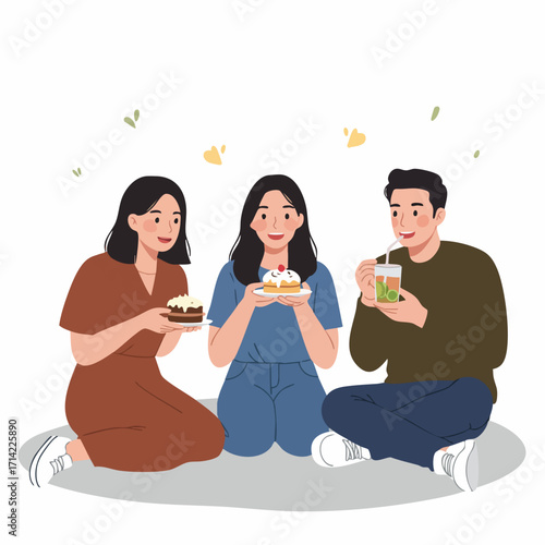 Minimalist Flat Illustration Three Friends Picnic Outdoors with Cupcakes