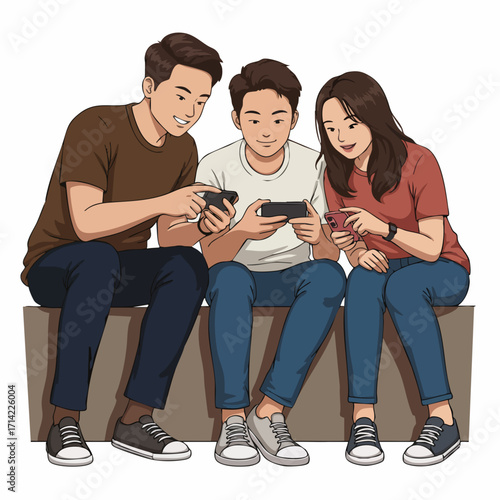 Cartoon Style People Playing Mobile Games Sitting Together Illustration