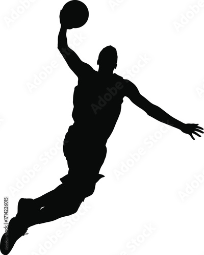 Black silhouette vector illustration of basketball player dunking for scalable eps files silhouette vector illustration white background
