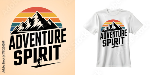 Colorful Retro Sunset with Mountain and Hiker Silhouette Vector Design Template 