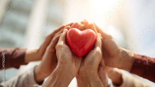 A group of people holding a red heart. The heart is surrounded by the hands of the people, and the image conveys a sense of unity and love