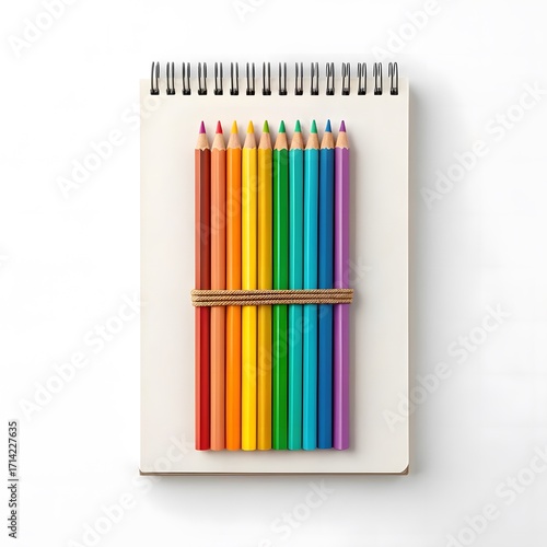 Colorful pencils arranged on a spiral notebook with a rubber band