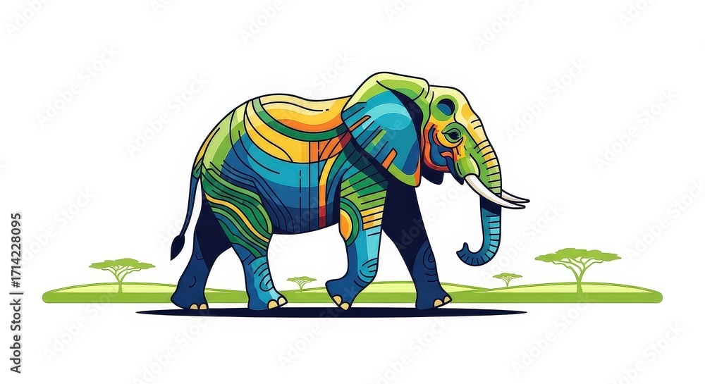 Fototapeta premium Colorful Elephant Walking on Grass with Decorative Design and Artistic Style