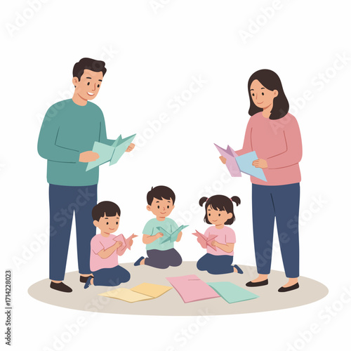 Flat Illustration of Family Reading Book Together in Living Room