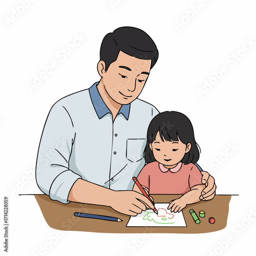 Simple Line Drawing Father Teaching Daughter Drawing at Table Illustration