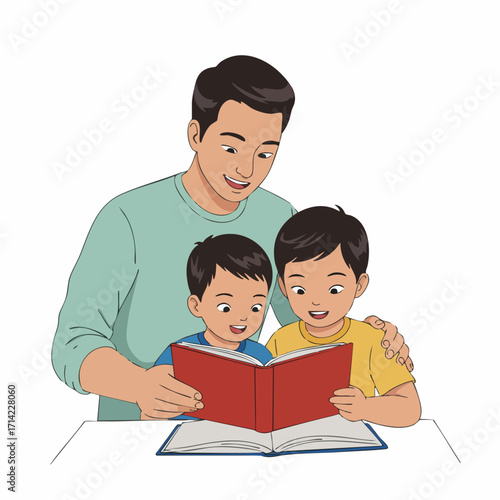 Cartoon Illustration of Father Reading a Story Book to his Two Sons Together