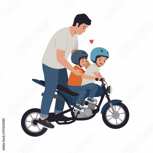 Flat Illustration Father Helping His Two Children Ride Motorcycle