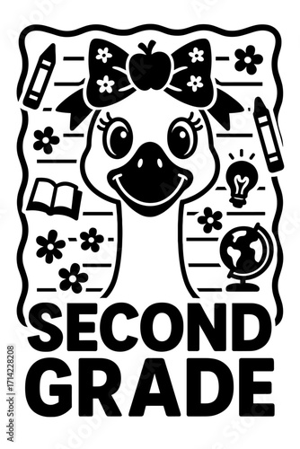 Second Grade Duck with School Bus – Bold Black and White Cute Back to School Vector Illustration
