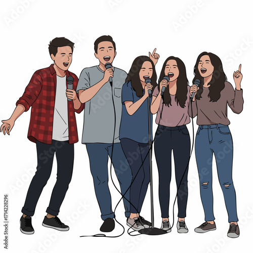 Minimalist Flat Style Singing Group of People with Microphone Illustration