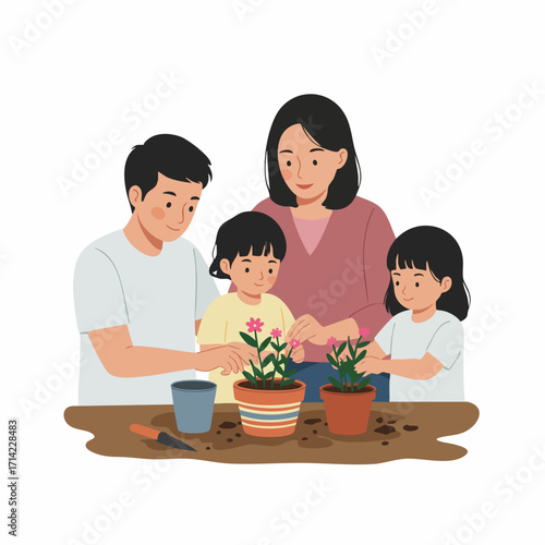 Flat Illustration of Happy Family Gardening Together Planting Flower Pot