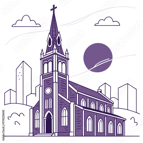 Minimalist purple line art illustration of a gothic church with a steeple and cityscape architecture