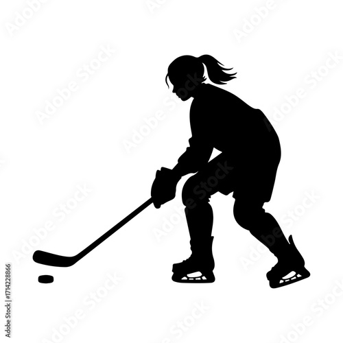 Female Ice Hockey Silhouette in Crouched Position Holding Stick and Puck
