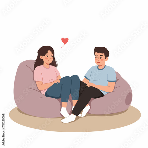 Cute Cartoon Couple Relaxing on Beanbag Chair Illustration with Heart