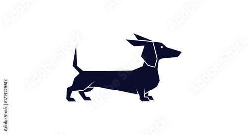 Geometric silhouette of a dark blue dachshund dog standing alert.