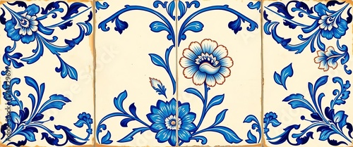 Hand-painted square azulejo tile with intricate floral design in vibrant blue and white,  colorful,  surface