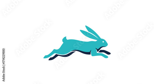 Dynamic teal rabbit leaping across a white background showcasing agility and speed.