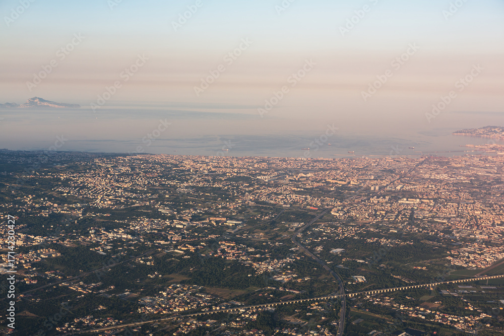 Fototapeta premium Aerial panoramic view of Naples city at sunset, Italy 