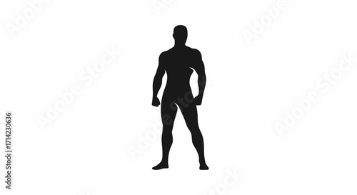 Silhouette of a Muscular Man Standing in a Powerful Pose Focus on Body Shape Fitness and Strength.