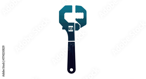 Stylized adjustable wrench and C clamp combination tool logo.