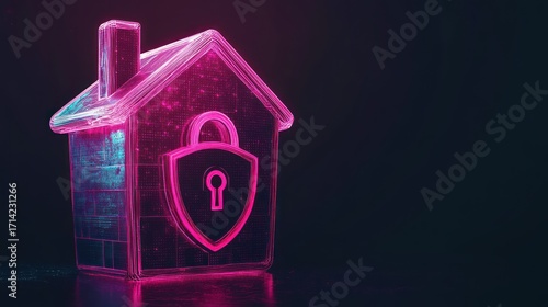 3D house with a padlock and shield, glowing in pink and blue, on a dark background