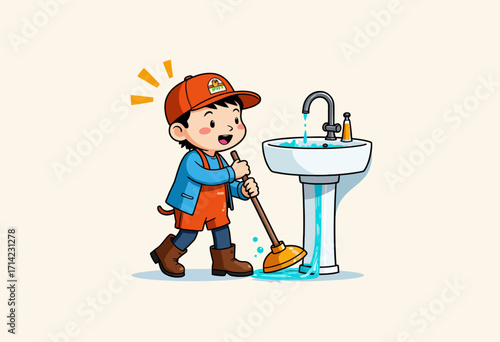 Animated Child Using Plunger to Fix Clogged Sink with Overflowing Water in Cheerful Home Setting