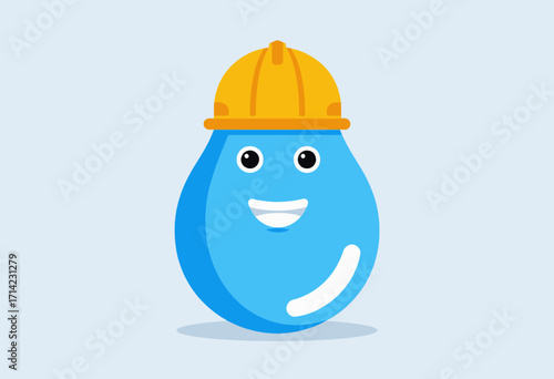 Cheerful Water Droplet Character Wearing a Yellow Construction Helmet Symbolizing Water Safety and Conservation Awareness