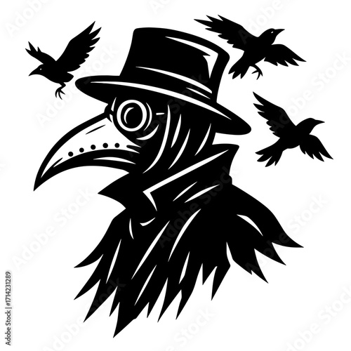 Plague Doctor with Birds – Bold Black and White Gothic Medieval Vector Illustration
