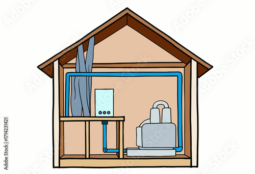 Illustration of a Residential Basement with Central Heating System Showing Pipes and Furnace Components for Efficient Home Heating
