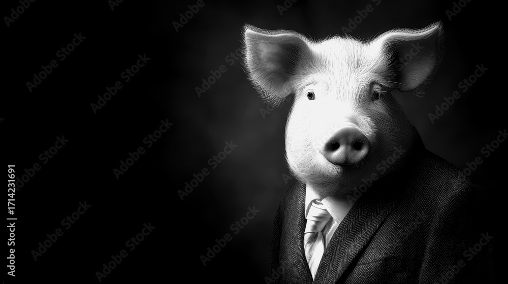 Fototapeta premium Surreal pig in a suit poses for a unique black and white portrait