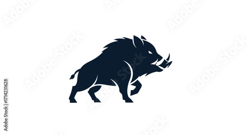 Powerful Wild Boar Silhouette Charging Forward Aggressively Against White Background.
