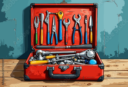 Comprehensive Toolkit with Diverse Mechanical Tools in a Red Box on Wooden Surface Against Blue Wall for Versatile Repair and Maintenance Tasks