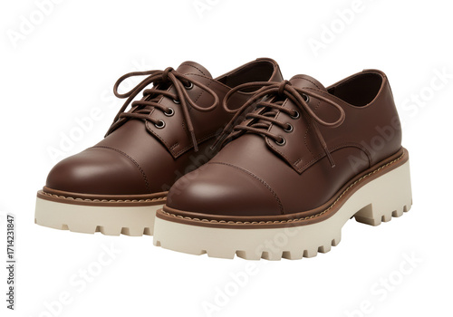 Isolated pair of brown leather platform shoes or boots with thick lug sole and laces