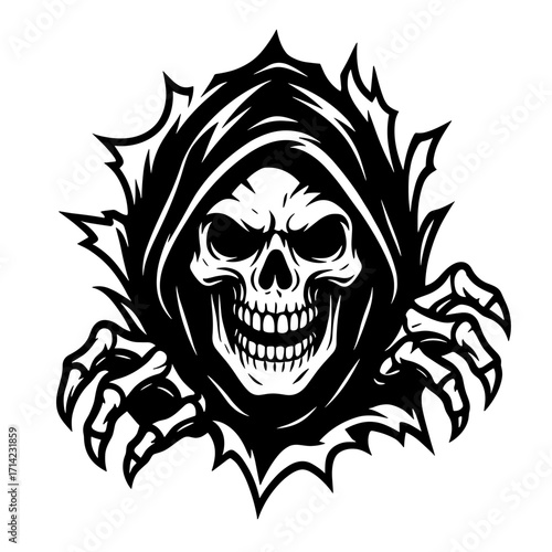 Grim Reaper with Hood – Bold Black and White Gothic Death Skeleton Vector Illustration
