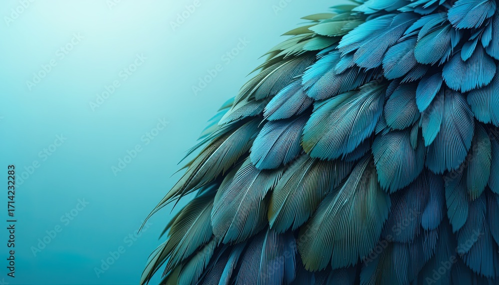 Fototapeta premium Close-up view of a textured arrangement of numerous vibrant teal feathers, showcasing intricate detail and a calming aesthetic against a soft teal backdrop.