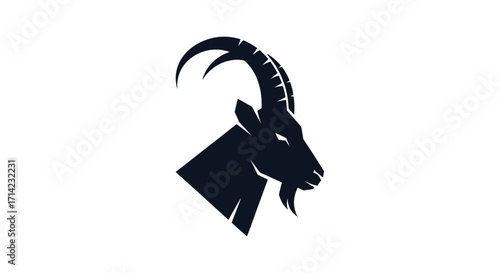 Graphic silhouette of a majestic goat head profile with prominent curved horns.