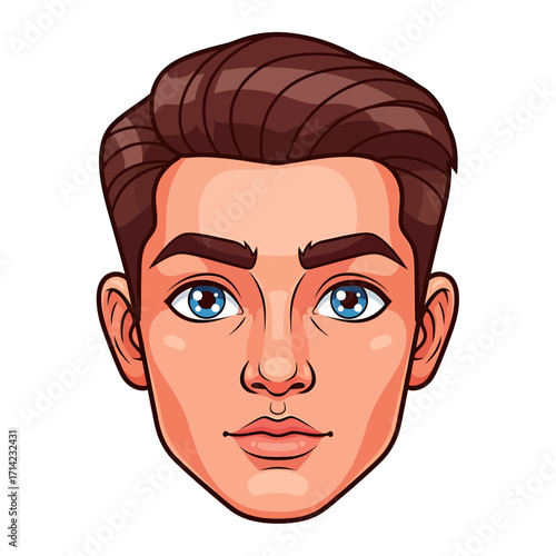 A stylized portrait of a young man's face, showcasing a clean-cut hairstyle and expressive blue eyes.