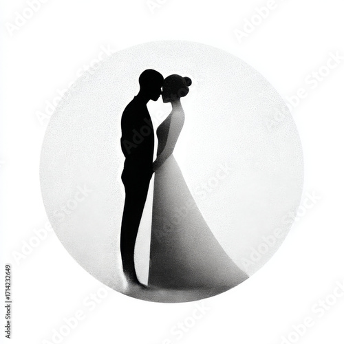 Romantic wedding couple silhouette, intimate and loving, symbolizing marriage and commitment against a soft white background