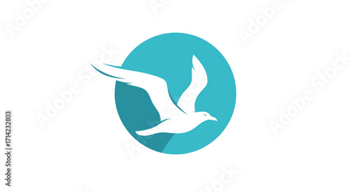 Elegant seagull soaring gracefully within a vibrant turquoise circle logo.