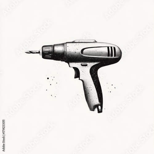Gritty cordless drill illustration, black and white, construction and DIY tool