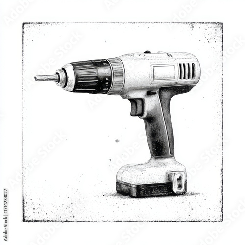 Distressed cordless drill illustration, black and white, home renovation and workshop