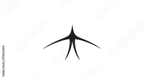 Abstract black bird-like shape with outstretched wings on a white background.
