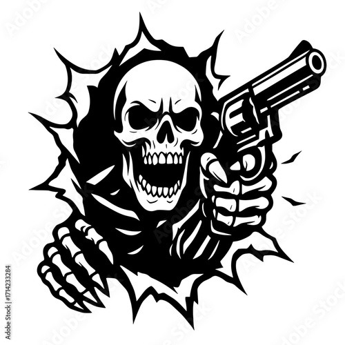 Armed Skull Illustration – Black and White Gothic Skeleton with Revolver Vector Tattoo Design
