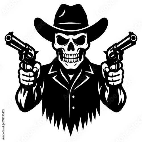 Western Skeleton Cowboy with Revolvers – Black and White Gothic Outlaw Gunfighter Vector Design
