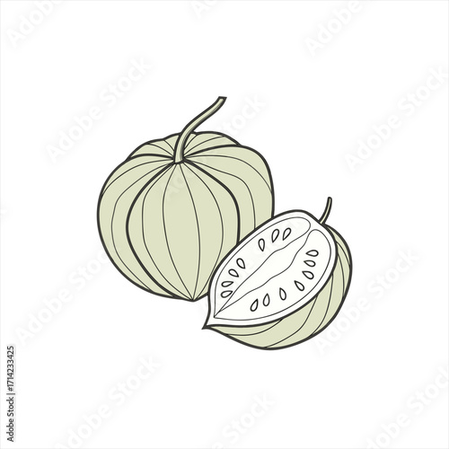 Illustration of a whole and halved tomatillo with seeds