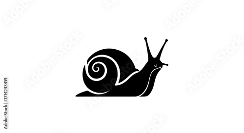Black silhouette of a snail with a spiral shell and antennae.
